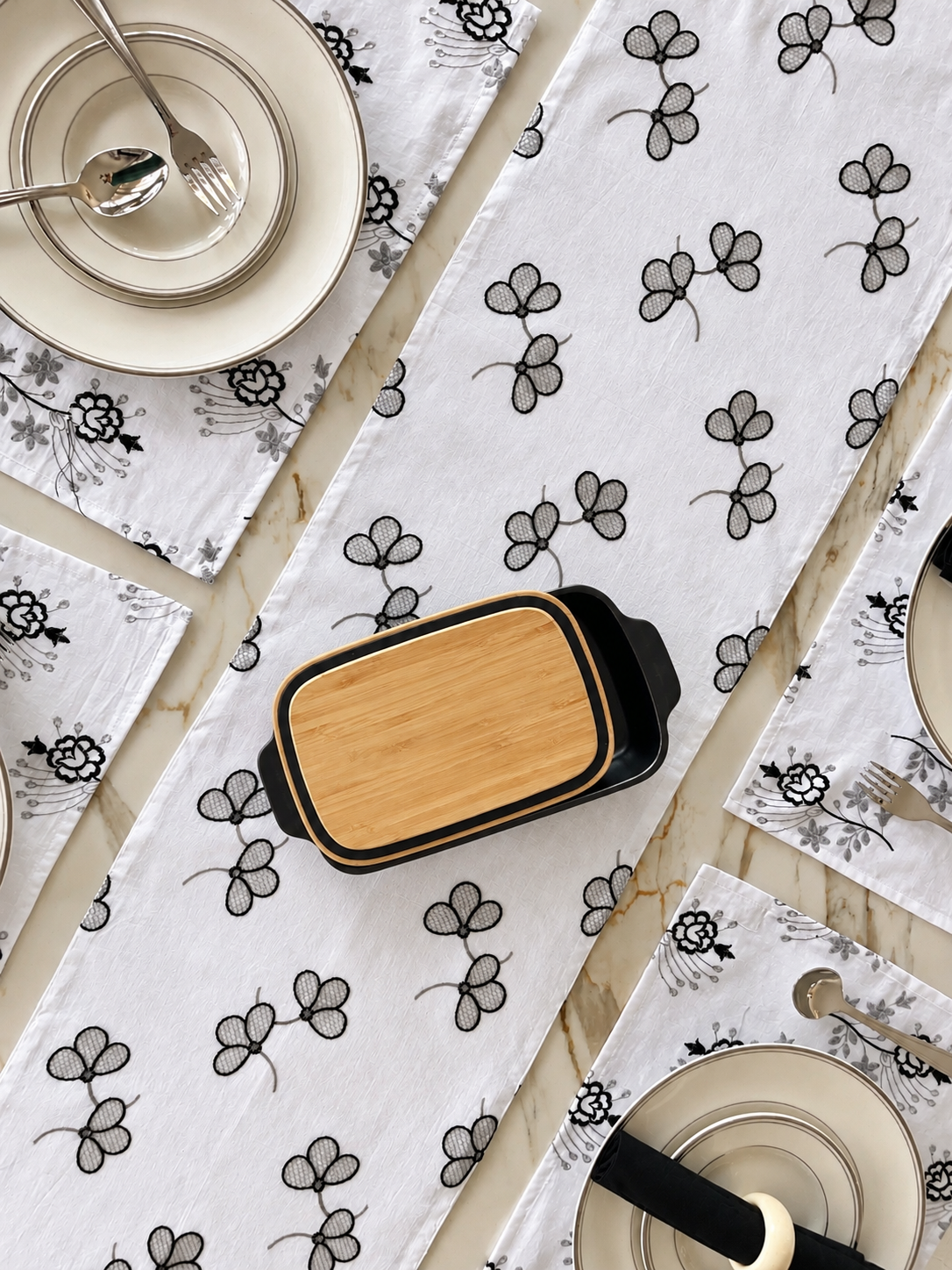Placemat with black and grey floral
